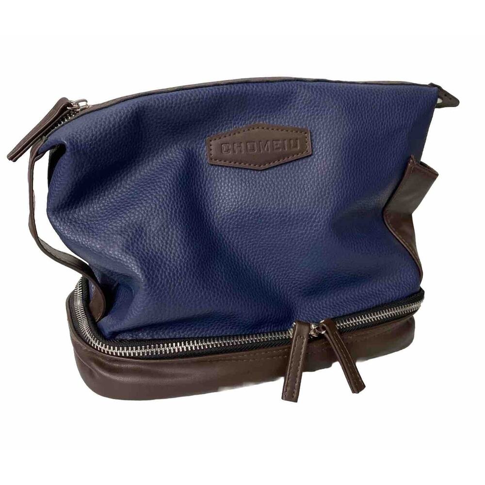 Mens Dop Kit Extra Large Blue and Brown PU Leather Storage Galore